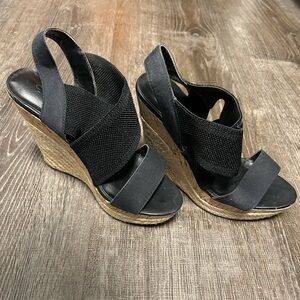 CHARLES by CHARLES DAVID Black & Nude Wedge Platform Espadrille Sandal Sz 5